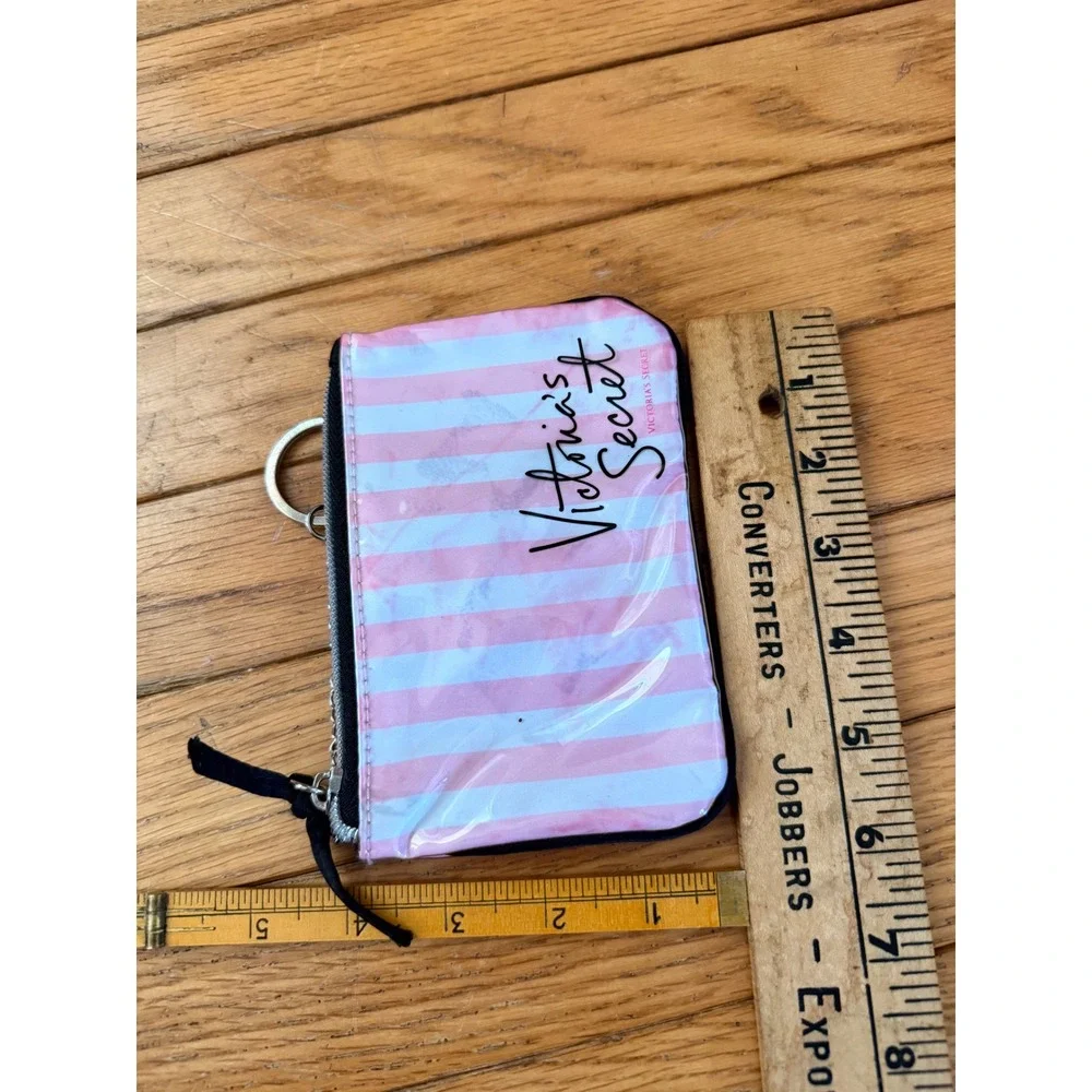 Victorias Secret Pink White Stripe Coin Purse Keychain Wallet Zip Pouch - Picture 3 of 4